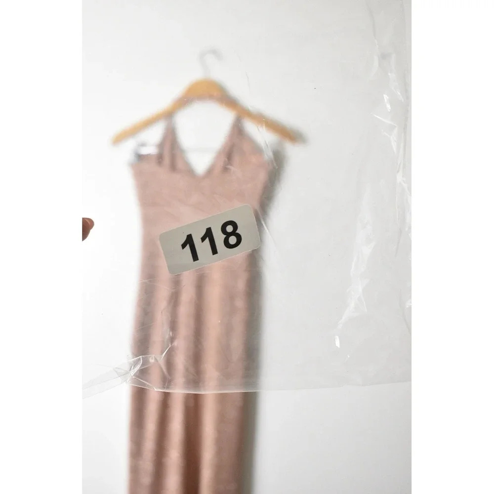 Halter Maxi Dress Womens Small Rose Gold Pink Shimmer 90s Ruched Slit Small